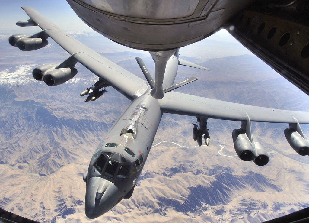 A B-52H after being in-flight refueled by a KC-135 Stratotanker over Afghanistan