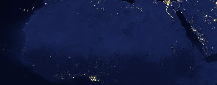 The area of light at the bottom of the satellite image corresponds to oil installations in the Niger Delta