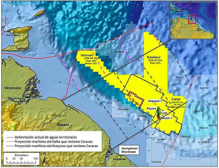 Map of Guyana's oil exploitation blocks (in yellow), with the delimitation of territorial waters and Venezuela's claims.