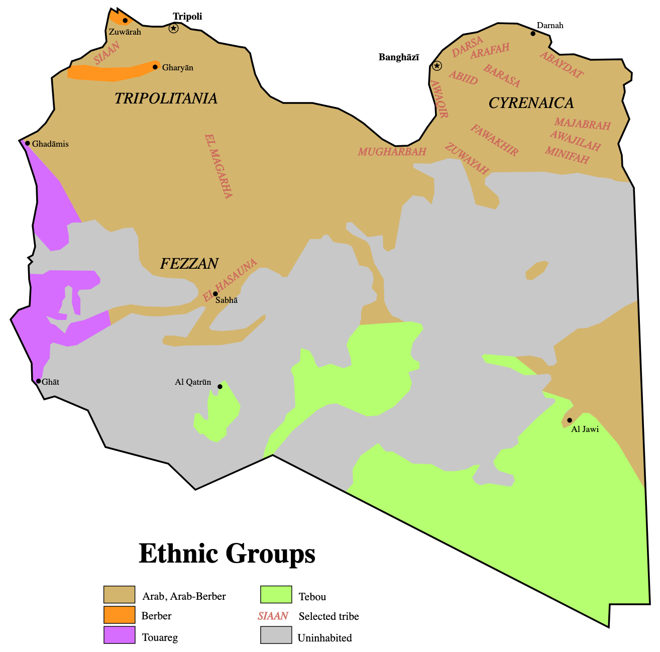 Geographical distribution of ethnicities in Libya [Wikipedia].