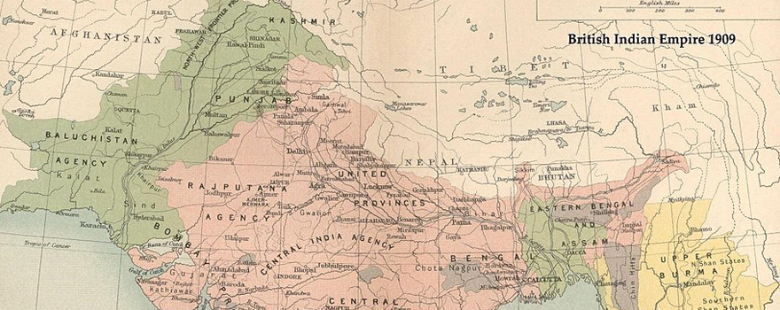 The British Raj in 1909 showing Muslim majority areas in green