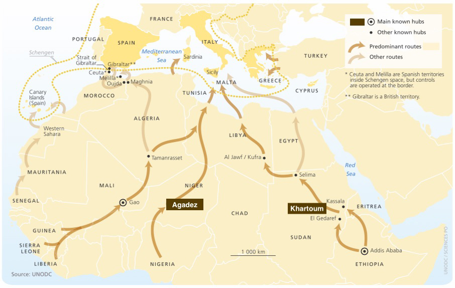 Main routes for African irregular migrants [UNODC, before Sudan's split].