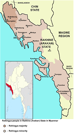 Rakhine region on the coast of Myanmar, adjacent to Bangladesh.