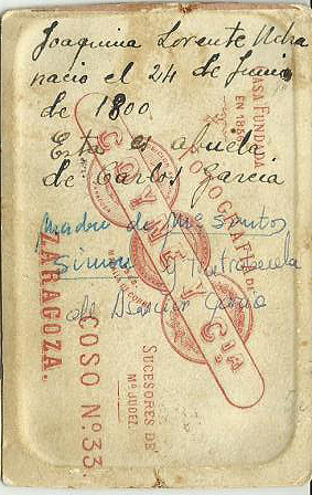 Reverse side of the photograph of Joaquina Lorente