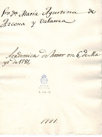 Cover page of transcript for the appointment of María Agustina de Azcona y Balanza as honorary academician. 