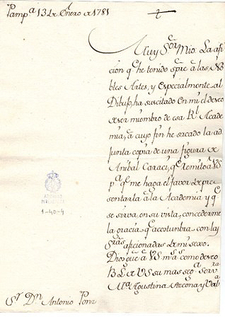 Letter from María Agustina de Azcona addressed to Antonio Ponz, secretary of the Royal Academy of Fine Arts, requesting her access to the institution as an academician. 