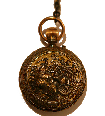 Clock cover with equestrian battle scene and chatelaine