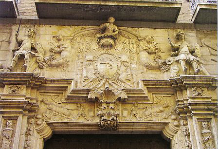 Representation of green man on the lintel of the doorway of the palace of the Marquises of San Miguel de Aguayo in Pamplona.