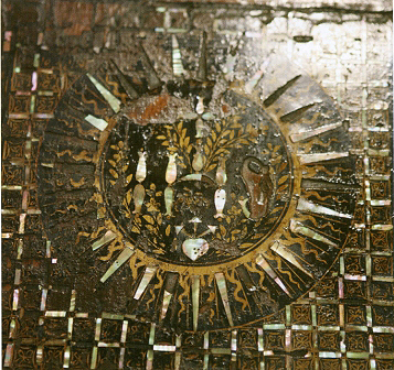 Namban lectern. Detail of the Jesuit monogram