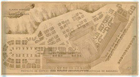José Yárnoz Larrosa. project of buildings for museums, archives and libraries in Navarra.  General site plan. file General de Navarra.