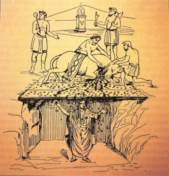 Rite of the taurobolio. Sacrifice of the bull and baptism of blood.