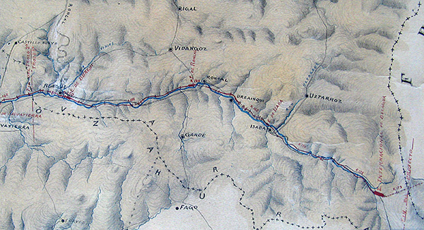 Map 36. Detail of the railroad route through the Roncal valley.