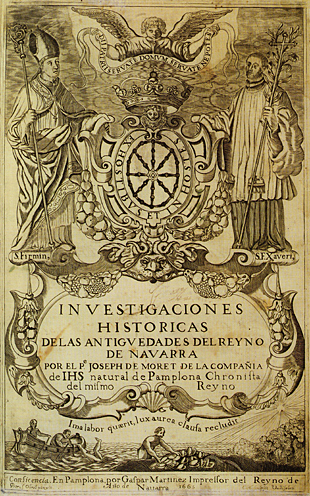 Pedro de Obrel, engraving on the cover of the Investigaciones históricas de las Antigüedades del Reyno de Navarra, by José Moret, 1665.