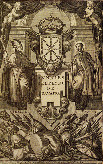 Gregorio Fosman y Medina, engraving of the title page of the Annals of the Kingdom of Navarre, by José Moret, 1684.
