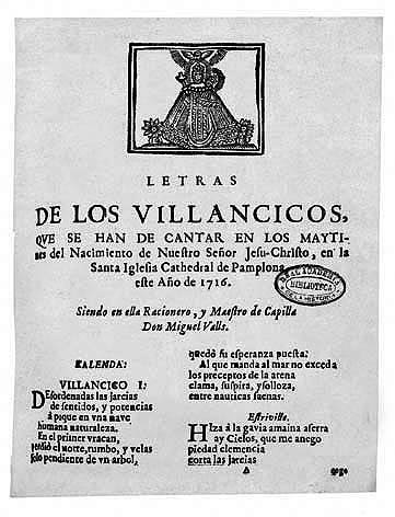 Title page and colophon of the carols printed for the cathedral of Pamplona in 1716.