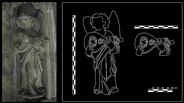 Photo and drawing: Enrique Galdeano: Lute of the Epiphany of Perut from the cloister of Pamplona Cathedral.