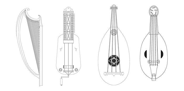 Drawings: Enrique Galdeano (harp, hurdy-gurdy, lute and fiddle)