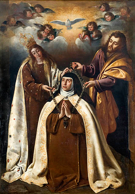 The canvas of The Virgin and Saint Joseph imposing the necklace on Saint Theresa, by Philip Diricksen (1642), presided over the main altarpiece of the convent of the Discalced Carmelites in Tudela.