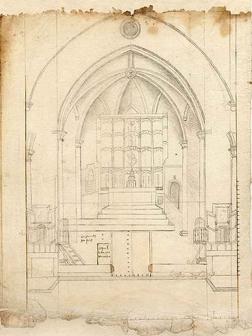  Drawing of the main chapel and next section of the nave of the church of San Saturnino de Artajona, by the painter Juan Claver, 1606. file General of Navarre.