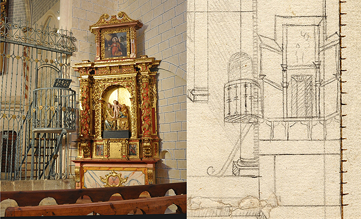 Detail of the layout with the right gothic collateral altarpiece and view of the present baroque altarpiece.