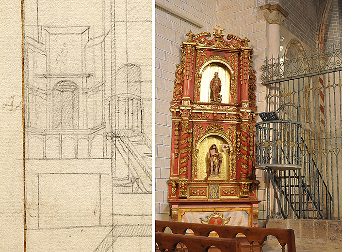 Detail of the layout with the left gothic collateral altarpiece and view of the present baroque altarpiece.