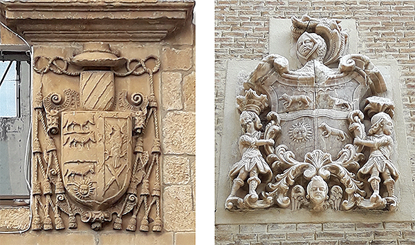 Coat of arms of Gabriel Esparza on his plot of land in Iturgoyen (left) and the heraldic engraving of the Esparza de Larraga family (right).