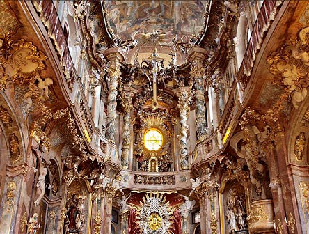 The interest in color, light, spatial concern and movement, as well as the scenography and the fusion of the arts can be seen in the church of St. John of Nepomuk in Munich.
