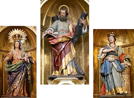 Carvings of Our Lady of the Rosary, St. Andrew, and St. Barbara