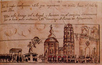 Engraving of the descent of the Angel and the volatín in Tudela by J. A. Fernández in "Libro nuevo de la hermandad".