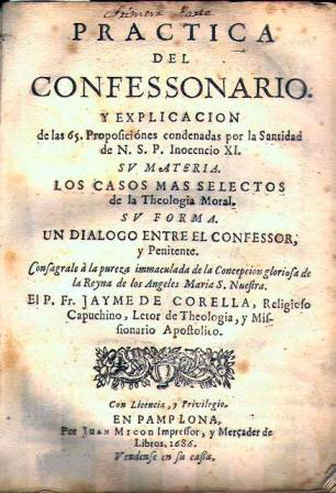 Cover of the first edition of the "Practica del Confesonario" by Jaime de Corella. Pamplona, 1686.