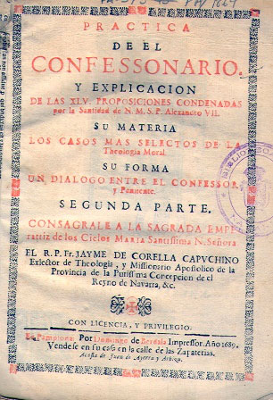 Cover of the first edition of the "internship del Confesionario. Second Part" by Jaime de Corella. Pamplona, 1689.