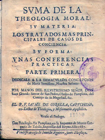 Cover of the first edition of the "Suma de la Teología Moral" by Jaime de Corella. Pamplona, 1687.