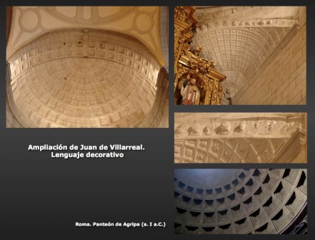 Details of the church of San Miguel de Larraga and the dome of the Pantheon in Rome.
