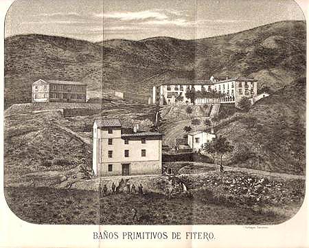 Engraving of the primitive baths of Fitero, XIX century.