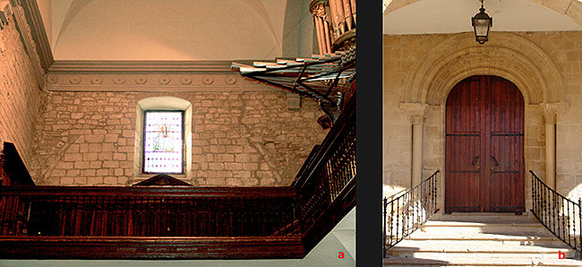 Remains of the medieval masonry in the pointed arch above the choir (left) and the doorway in the gable wall (right).