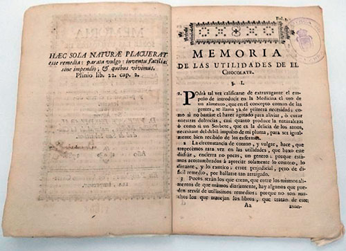 report on the utilities of chocolate, a medical "paper" published in Pamplona in 1788.