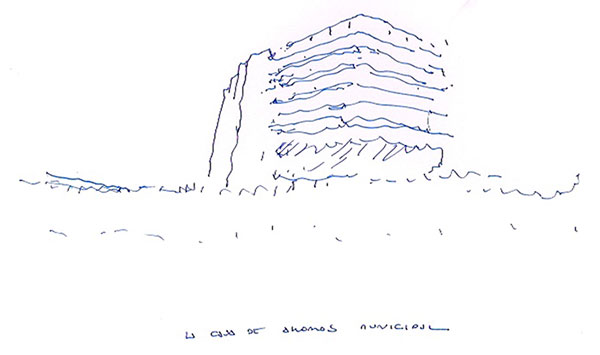Drawing of the building of the former Caja de Ahorros Municipal de Pamplona by Xavier Sánchez de Muniáin and Roberto Urtasun.