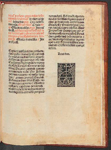 Missale Tirasonensis (p. 656). Explicit and printer's mark by Brocar (Library Services Foral de Bizkaia. Servicio de copy center).