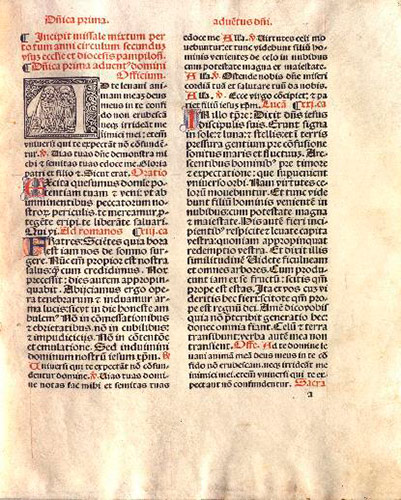 Missale Pampilonensis (p. 17). Incipit with the degree scroll (Library Services Navarra Digital).