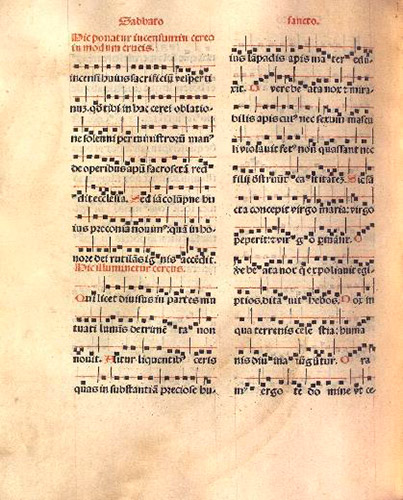 Missale Pampilonensis (p. 184). Gregorian notation with a guideline for the Holy Saturday liturgy (Library Services Navarra Digital).