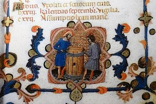 Representation of the month of August, with the preparation of barrels, in the Book of Hours of María de Navarra.