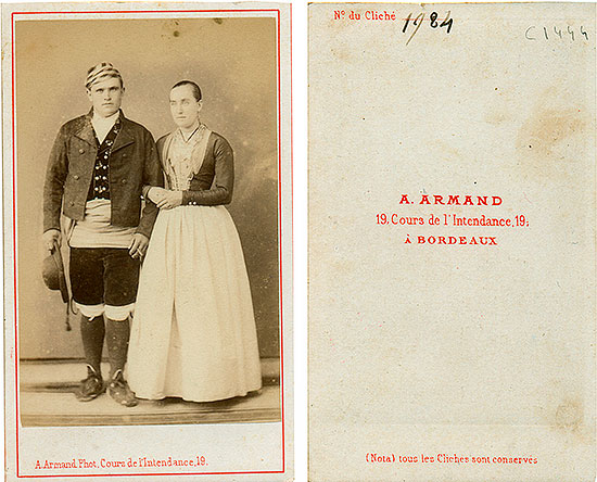 Circa 1865, albumen. CDV (10,6 x 6,3 cm), A. Armand, Bordeaux, France.