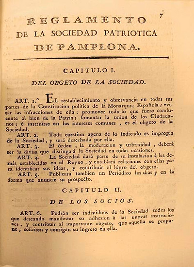 Regulations of the Patriotic Society of Pamplona [...]. Pamplona, Xavier Gadea, 1820. Library Services de Navarra.