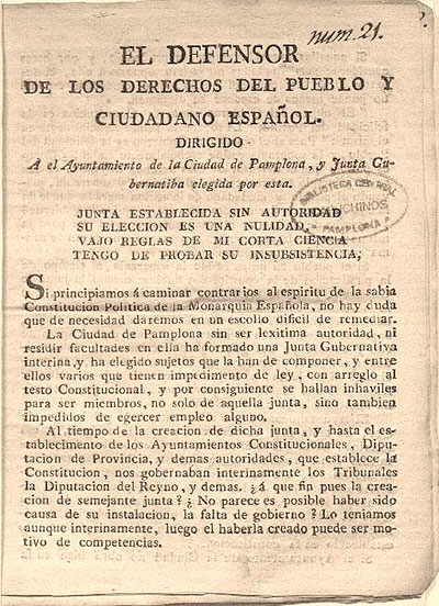 The Defender of the Rights of the People [...]. Pamplona, Ramón Domingo, 1820. Pamplona. Library Services Central de Capuchinos.