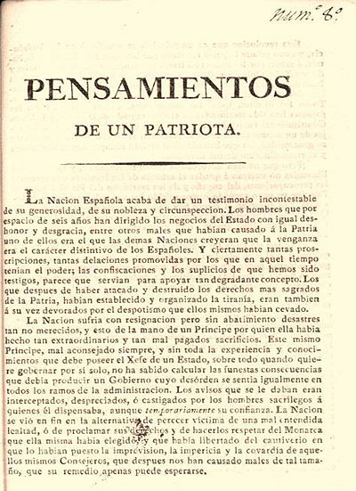 Joaquín Domingo, Thoughts of a patriot. Pamplona, Joaquín Domingo, 1820. Library Services de la Colegiata de Roncesvalles.