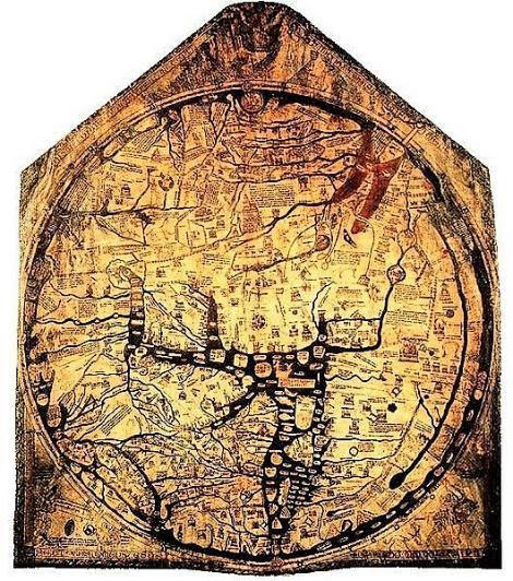 Hereford world map of 1285. It measures 132 x 162 cm, drawn on a single sheet of parchment in black ink with touches of red, green, gold and blue. It depicts 420 cities, 15 biblical events, 33 animals and plants, 32 people, and five scenes from classical mythology.