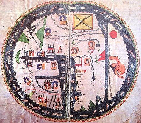 World map of the Beatus of Liébana of Burgo de Osma, 1086 (copy of 1203). Orientated with the East at the top, it contains images of the twelve apostles.