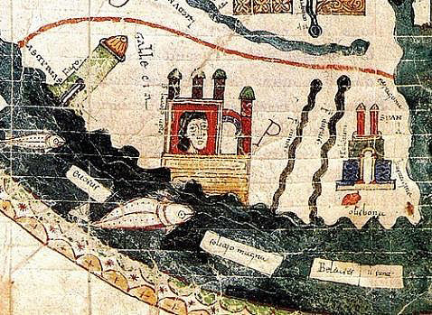 Map of the Beatus of Burgo de Osma from 1086. Detail of Hispania and Santiago inside his temple.
