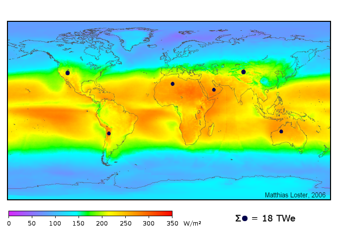 The colours indicate the average solar radiation; the black dots indicate places where there could be a greater use of solar energy [Mlino76].