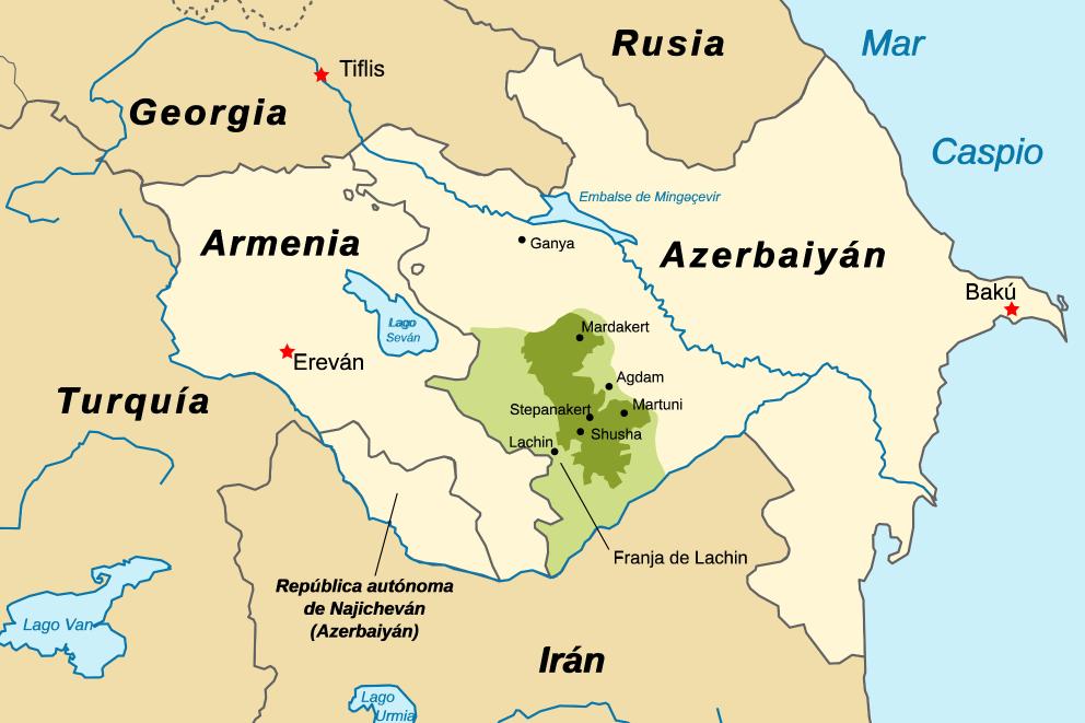 In bright green, territory of Nagorno-Karabakh agreed in 1994; in soft green, territory controlled by Armenia until this summer [Furfur/Wikipedia].